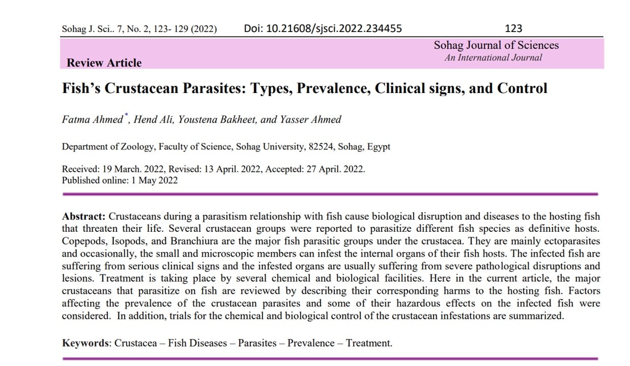 Fish’s Crustacean Parasites: Types, Prevalence, Clinical signs, and Control